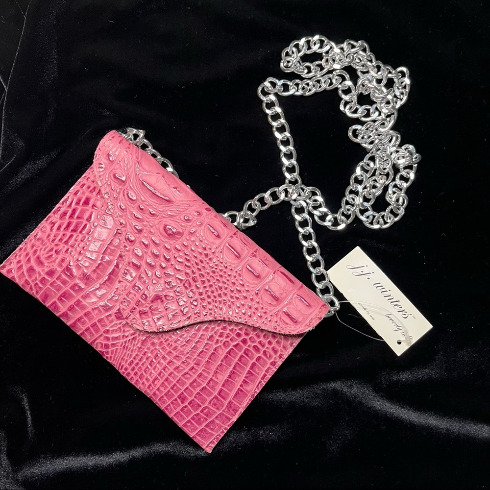 NWT JJ Winters Rose Crocodile Clutch with Silver Tone Chain